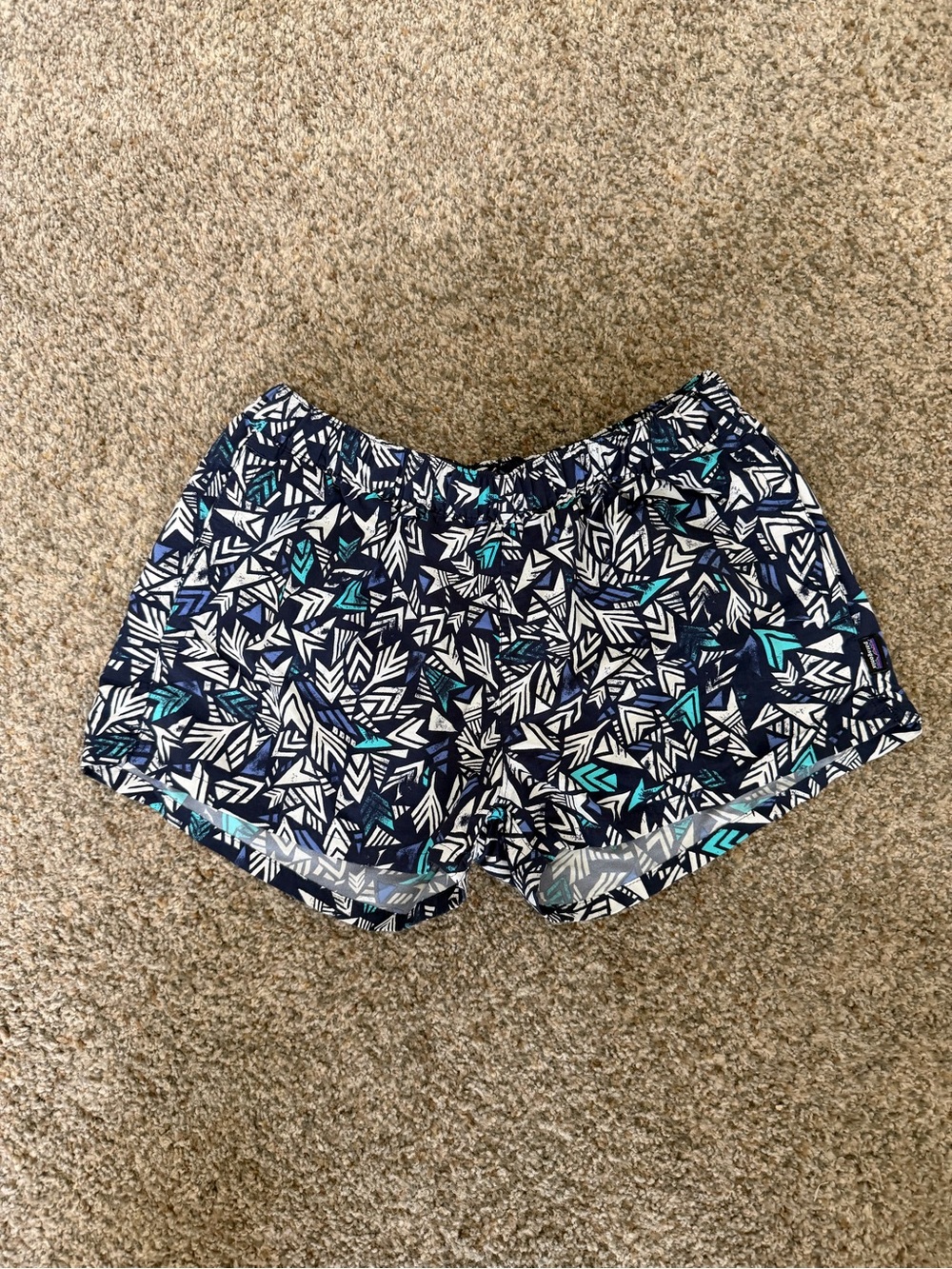 Patagonia Navy Geometric Print Athletic Shorts with Teal Accents